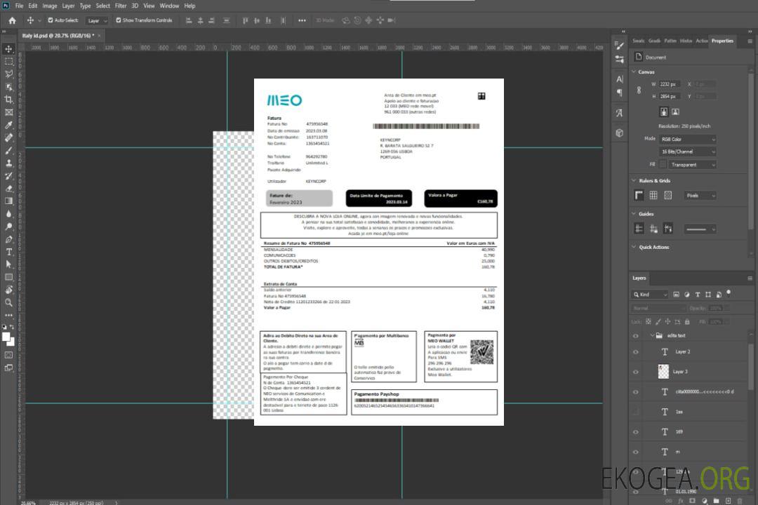 Facture commerciale de services publics MEO, SCR template